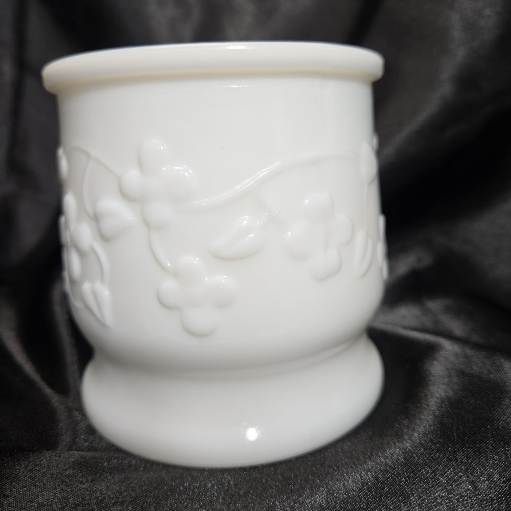 Vtg Milkglass Embossed Floral Planter Vase Bowl 4.5 Inch Tall Wide Mouth